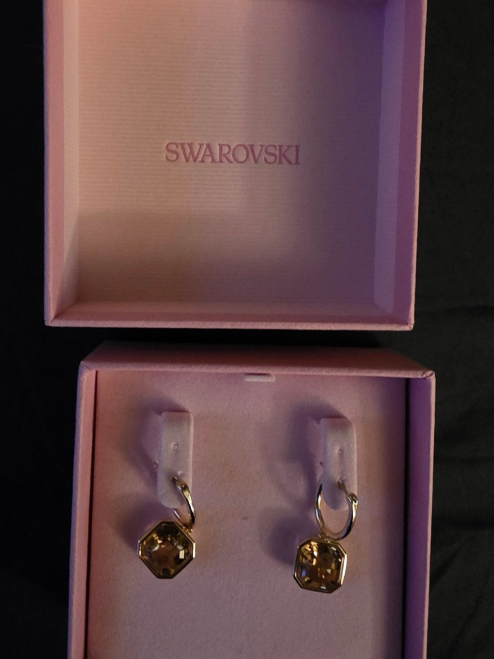 Swarovski Gold Hoop Earrings with Beige/Brown Octagon Crystals